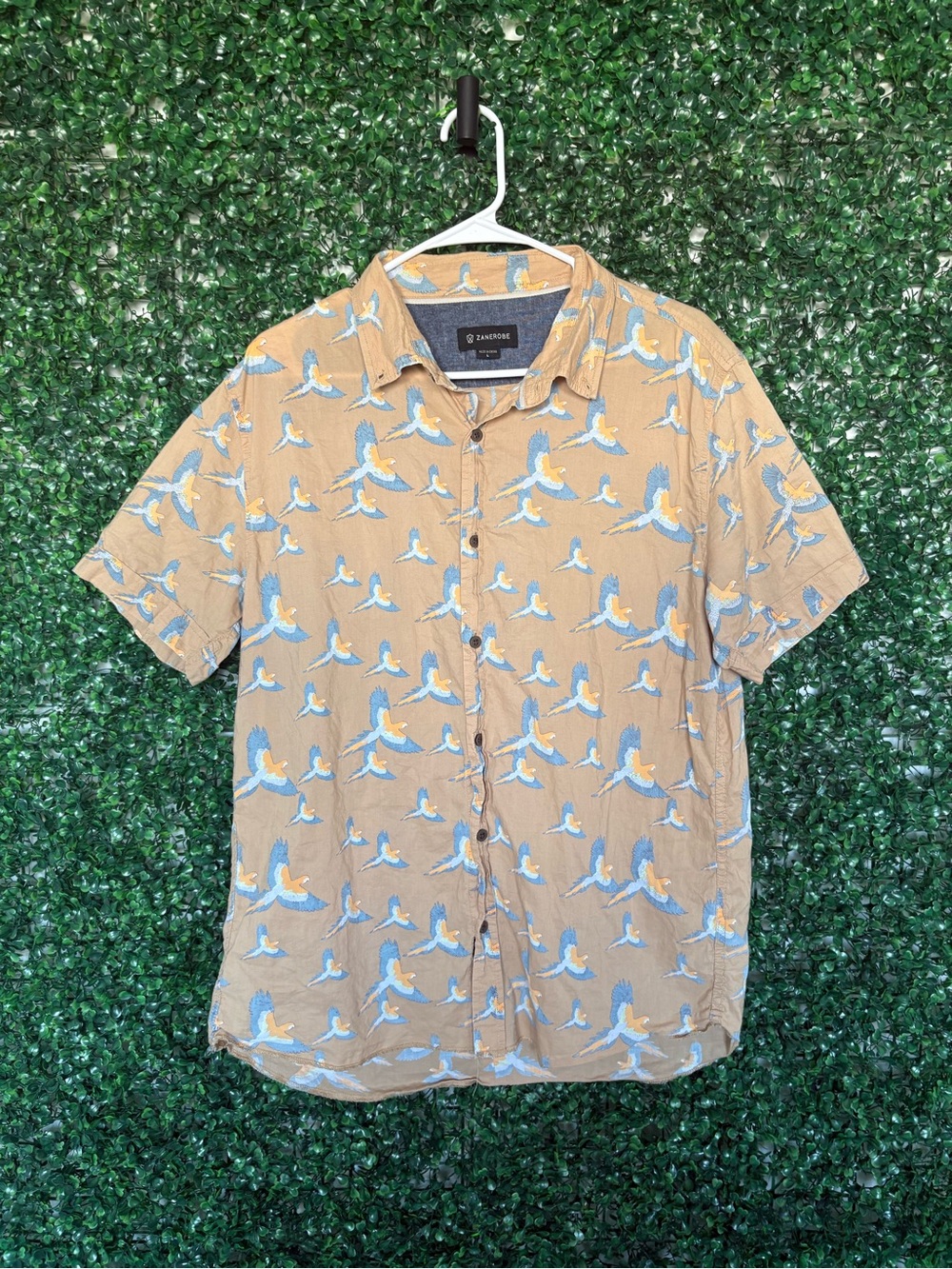 Zanerobe Tan Short-Sleeve Button Shirt with Blue & Yellow Bird Print